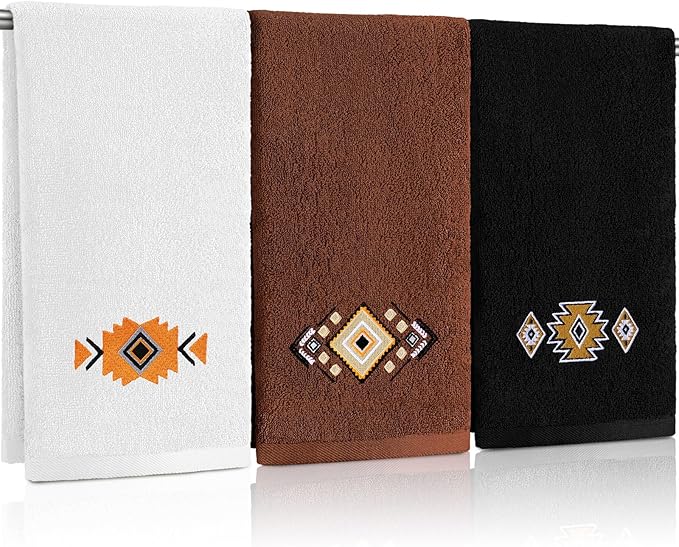 3 Pcs Western Aztec Hand Towels Southwestern Bathroom Decor Southwest Sunset Embroidered Rustic Boho Decorative Towels for Bathroom Kitchen Decor, 100% Cotton, 13.3 x 29.5''