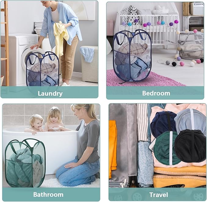 4 Pcs Foldable Mesh Popup Laundry Hamper, Handy Laundry Basket with Easy Carry Handles and Side Pocket Durable Clothes Storage for Bathroom Kids Room Dorm Travel