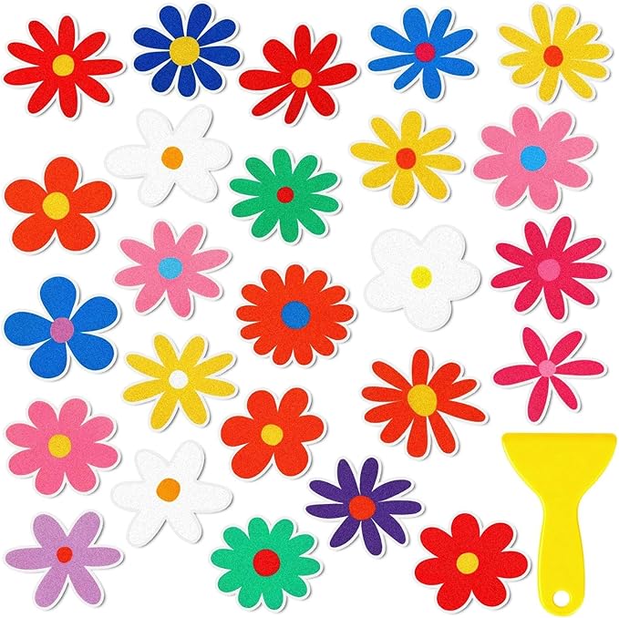 26Pcs Non Slip Bathtub Stickers, Colorful Flower Stickers with Scraper, Anti Slip Bath Tub Shower Decal with Adhesive Back for Bathroom, Shower Stairs