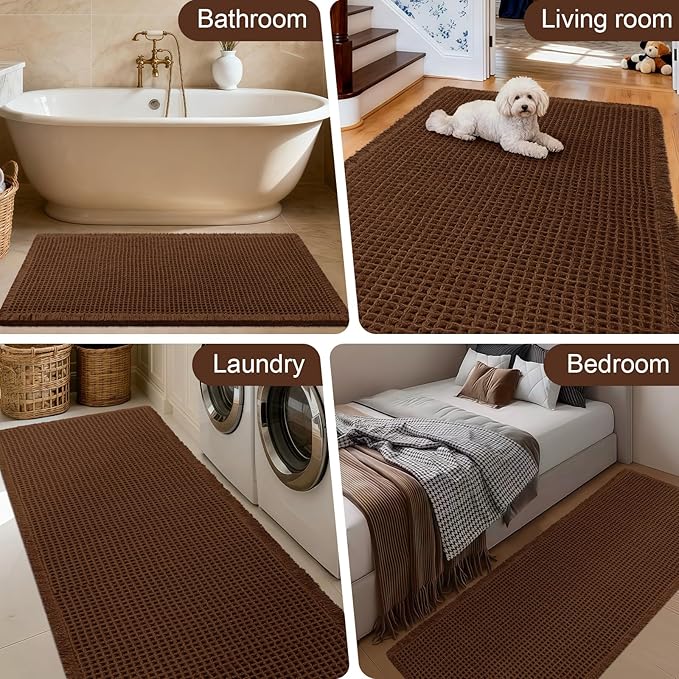 Accumtek Extra Large Waffle Bath Mat, 6'x2' Brown, Super Absorbent Non-Slip Quick Dry Bathroom Rugs with Tassels, Machine Washable Ultra Soft Boho Bath Rugs for Floor, Toilet Mats Boho Farmhouse Decor