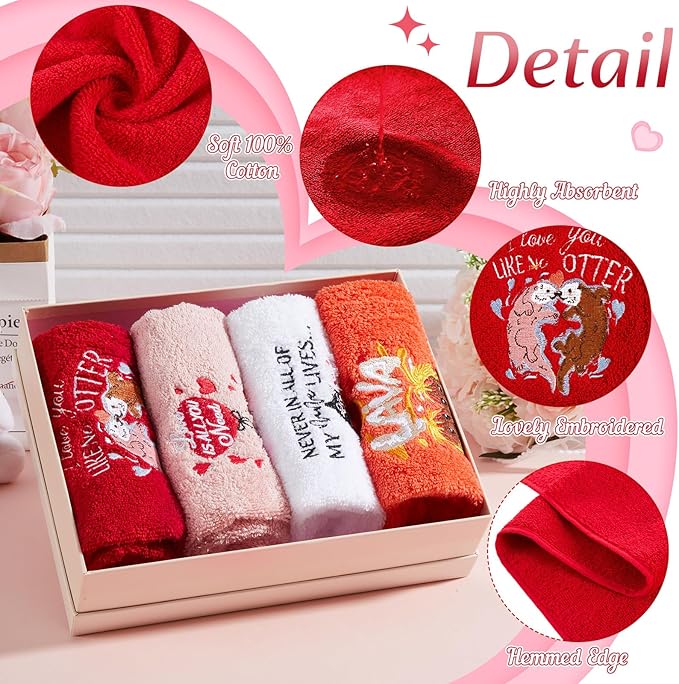 4 Pcs Valentine's Hand Towels Set for Bathroom Kitchen Valentine's Couple Gift 29" x 13" Romantic Funny Animal Embroidered Bath Towel Absorbent Cleaning Cooking for Anniversary Wedding