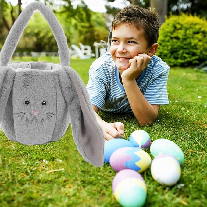Spryflower Plush Easter Bunny Basket, Children Easter Basket, Cute Cartoon Long Ears Bunny Egg Basket, Soft Plush Easter Gift Bag for Kids, Perfect for Easter Egg Hunt and Family Gath (Light Grey)