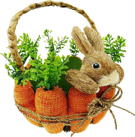 DearSun 11" H*8" Dia Easter Straw Bunny Basket with Carrot Ornaments Easter Egg Hunting Basket Rabbit Handicrafts Basket for Kids Spring Party Supplies Garden Decoration