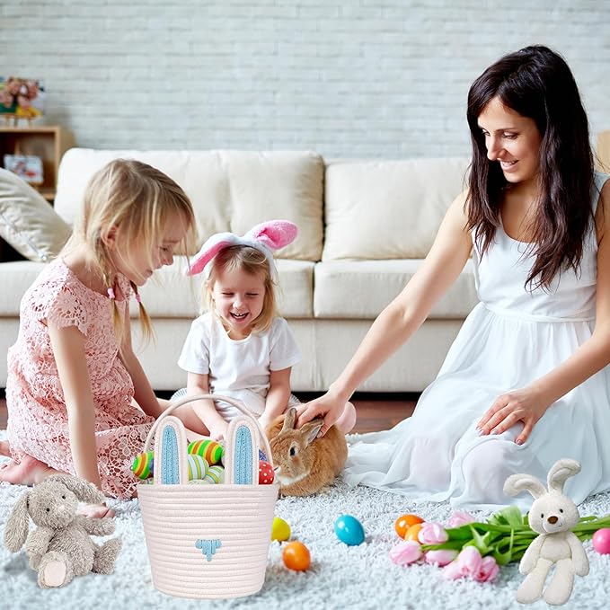 Easter Basket Empty Bunny Egg Baskets With Handle And Ears Easter Gifts Cute Woven Basket (blue)