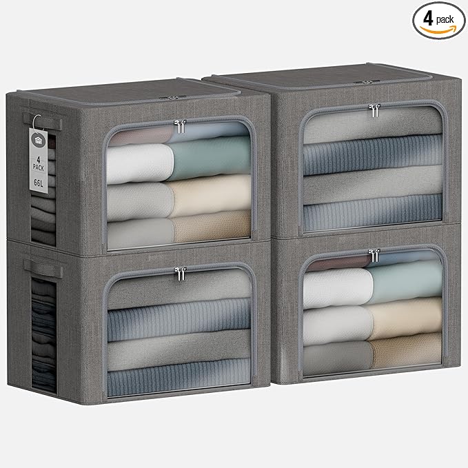 4 Pack Clothes Storage Bins with Metal Frame - 66L Stackable Storage Box with Lid，Foldable Storage Container Organizer for Clothes，Linen Fabric Storage Box with Clear Window＆Zippers＆Handles