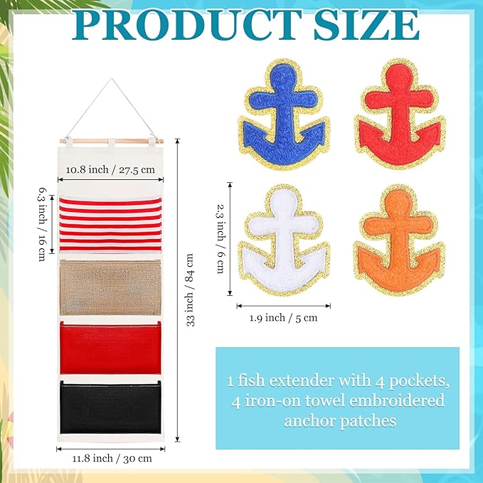 Fish Extender Cruise Gift Hanging Organizer with 4 Pockets and Iron on Anchor Patch Cabin Door Storage Bag 2026 Fe for Cruise Essentials Exchange Gift Pixie Dusting(Orange,White,Red,Blue)
