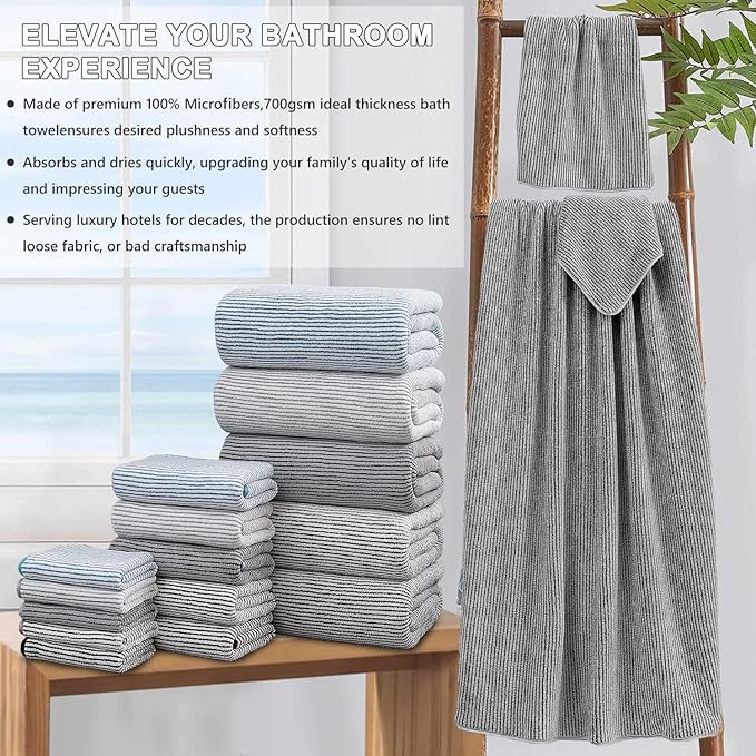 8-Piece Premium Towel Set for Bathroom|2 Oversized Large Bath Sheet,2 Hand Towels,4 Washcloths|Soft Cozy Highly Absorbent Fast Dry Microfiber Towel Set for Hotel,Bathroom Essentials,Dark Grey