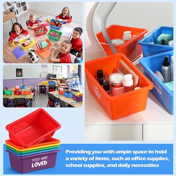 Thyle Plastic Cubby Bins with Labels 11.6 x 7.7 Inch Classroom book bins Stacking Storage Container Organizer Storage Cubbies for Classroom Office(Inspirational,Bright Color,12 Pieces)