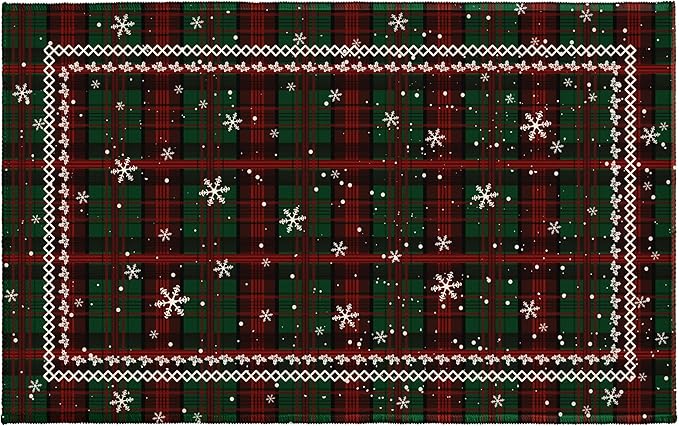 Green Christmas Bath Rug Xmas Red Green Buffalo Plaid Snowflakes Bathroom Mat Extra Soft Rug 20X32 Inch Plush Non Slip Absorbent Holiday Doormat for Bathroom Entryway Living Room
