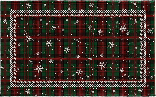 Green Christmas Bath Rug Xmas Red Green Buffalo Plaid Snowflakes Bathroom Mat Extra Soft Rug 20X32 Inch Plush Non Slip Absorbent Holiday Doormat for Bathroom Entryway Living Room