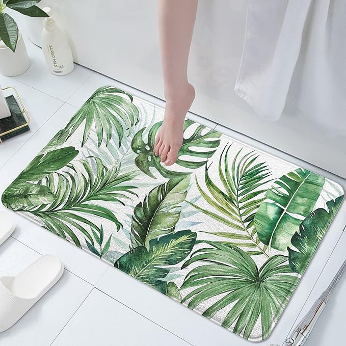 Green Leaf Plant Imitation Cashmere Bathroom Mat Rug - Rubber Non-Slip Absorbent Soft Bathroom Rugs for Bathtub Shower Sinks (17" W x 27" L)