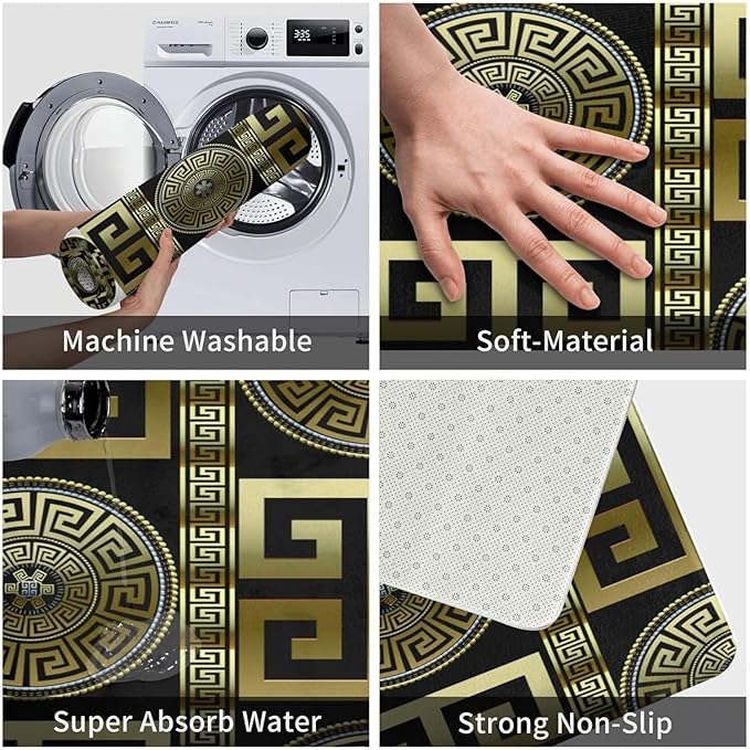 3 Piece Bath Mats Geometric Black Gold Greek Key Meander Waterproof Non Slip Bath Mat Set, Washable Rug for Bathroom 3-Piece Set