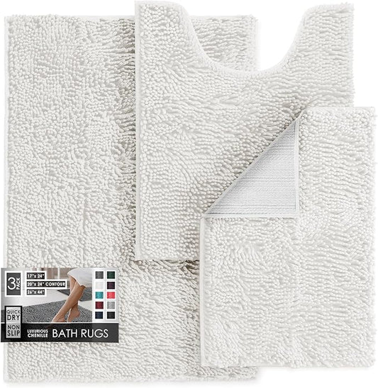 Hearth & Harbor Bathroom Rugs, Chenille Bath Mat - Machine Washable Bath Mats for Bathroom Non-Slip Backing Rubber, Quick Dry Mat - White Bath Rug, 17x24-26x44-20x24