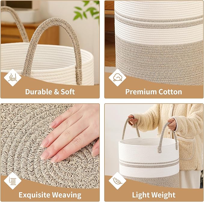 Woven Laundry Hamper Tall Rope Storage Basket for Blanket oys Dirty Clothes in Living Room Bathroom Bedroom (Brown&White, 100L/26.4Gal)