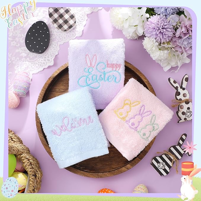 3 Pack Easter Hand Towels 13.4 x 29.2 Inch Cotton Embroidered Happy Easter Bunny Bathroom Towel Absorbent Decorative for Hand Drying Cleaning Gift