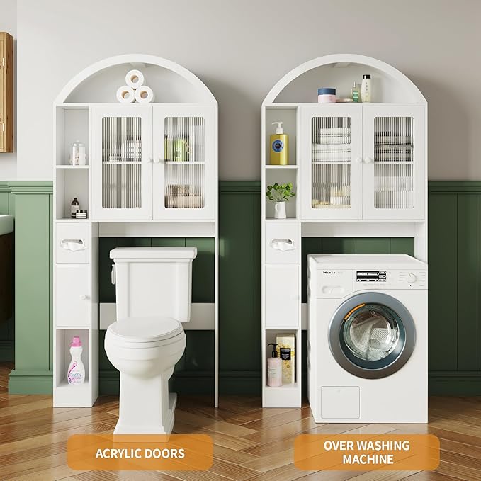 Over The Toilet Storage Cabinet, Bathroom Shelf Over Toilet, Bathroom Organizer and Storage Cabinet,Over Toilet Bathroom Organizer with 2 Doors, Paper Holder and Racks, Bathroom Decor (White-02)