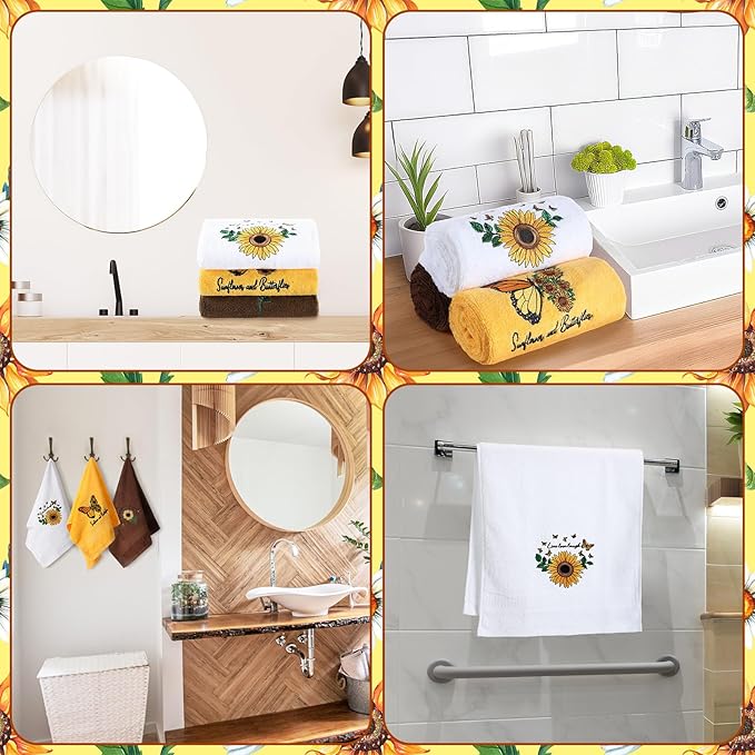 3 Pcs Sunflower Butterfly Hand Towels for Bathroom Yellow Spring Summer Soft Cotton Embroidered Absorbent Decorative Towels for Farmhouse Kitchen Decor, 13.78 x 29.53 Inch