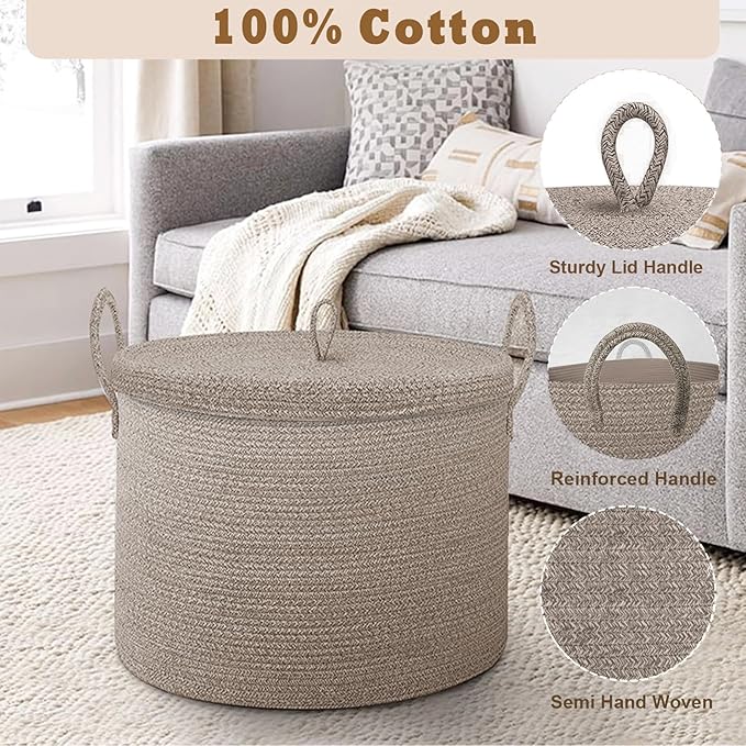 21" x 18" Extra Large storage baskets,Decorative blanket basket with lid for Living room,rope baskets with lid,wicker hamper for bedroom,Big,Round,Brow