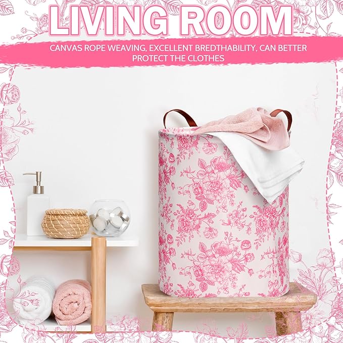 2 Pcs Pink Floral Laundry Basket Coquette Storage Basket for Girls Nursery Hamper with Handles Foldable Waterproof Collapsible Storage Bin Organizer for College Dorms Bathroom