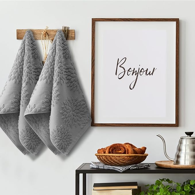 2 Pcs Quality Floral Jacquard Hand Towels Set for Bathroom Light Gray Hand Towels 100% Cotton Absorbent Decorative Weave Bath Decor Neutral Bathroom Decor Gift, 13.7 x 29.5 Inch
