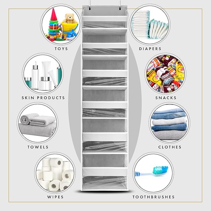 HOMELUX THEORY UPGRADED 6 Tiers Over The Door Organizer Hanging - 100D EXTRA THICK & 50lbs HUGE CAPACITY, 12 Side Mesh Pockets Over The Door Shoe Organizer, Hanging Closet Organizer (Light Gray, 1pc)