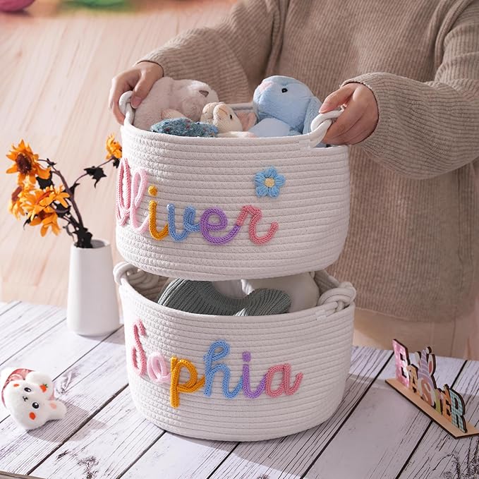 JUPPE Custom Baby Shower Basket, Personzlized Basket with Baby Name, Baby Boy Girl Storage Organizer Cotton Rope Nursery Decor Newborn Gift (style 1) (Mixing Colors)