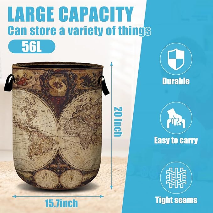 World Map Laundry Basket, Laundry Hamper Collapsible Oxford Cloth with Handle Clothes Toy Storage Bin for Bathroom Laundry Room Bedroom 15.7 X 20 Inch
