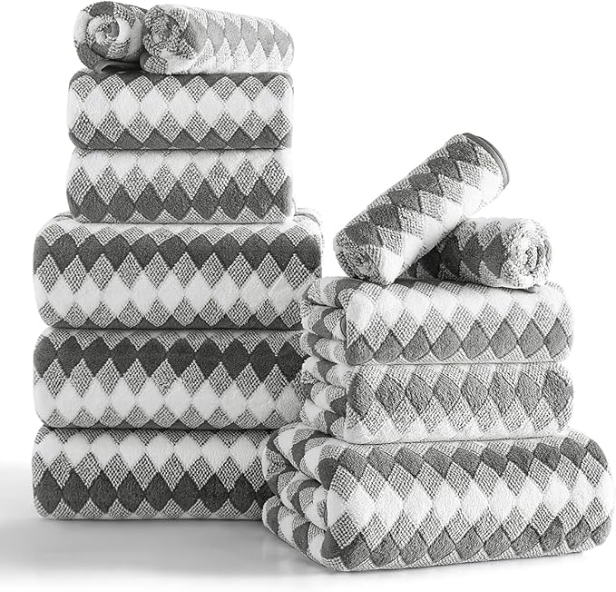 12 Pcs Gray White Diamond Towel Set-4 Bath Towels,4 Hand Towels,4 Washcloths Soft Polyester Towels with Loop Absorbent Shower Towel Quick Dry Beach Chair Towel Family Towels for Bathroom Spa Gym Pool