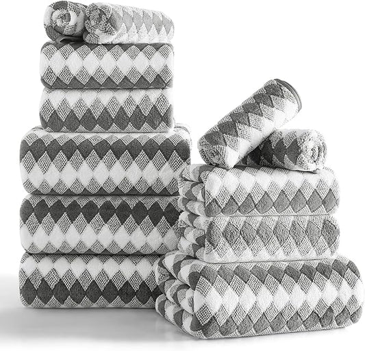 12 Pcs Gray White Diamond Towel Set-4 Bath Towels,4 Hand Towels,4 Washcloths Soft Polyester Towels with Loop Absorbent Shower Towel Quick Dry Beach Chair Towel Family Towels for Bathroom Spa Gym Pool