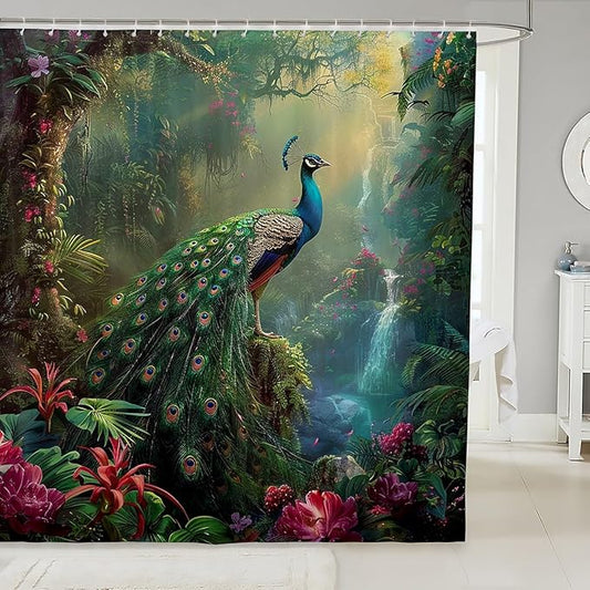 Green Peacock Shower Curtain - Floral Tropical Plant Natural Bathroom Decor, Wild Animal Feather Waterproof, Colorful Luxury, 12 Hooks, 72"W x 84"L