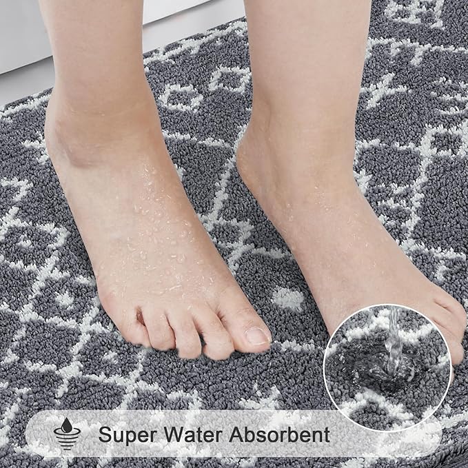 HEBE Bathroom Rugs Sets 5 Piece, Soft Absorbent Microfiber Bath Mat for Bathroom, Non Slip Washable Bath Rug Set with Toilet Cover, Bath Runner and U-Shaped Contour Toilet Rug, Dark Grey