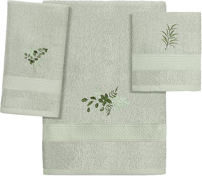 3 Pcs Eucalyptus Leaves Bathroom Towel Set Farmhouse Embroidered Eucalyptus Leaves Towels Vintage Decorative 100% Cotton Bath Towel Highly Absorbent Elegant Summer Decor Set for Bathroom
