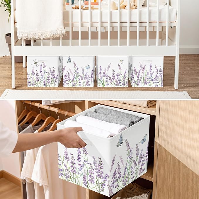 11.8" Wild Flower Storage Cube Organizer Set 3Pcs Clothes Storage Basket Bin for Closet Shelf Garden Butterfly Nursery Kid Room Book Toy Chest, Lavender