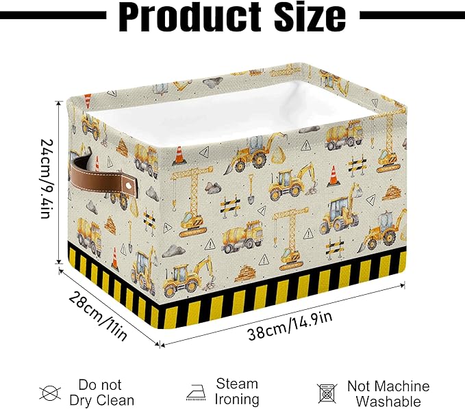 Construction Truck Basket - Excavator Storage Baskets Collapsible - Bulldozer Storages Bin Decor - Tractor Decor for Boys Room - Excavator Rectangle Baskets for Kids Clothes, Gifts, Books