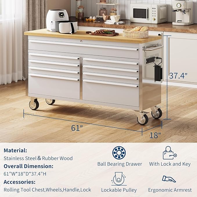 61" Rolling Tool Chest with 9 Drawers, Solid Rubber Wood Workbench Top, Locking Wheels & Key Lock, Mobile Garage Tool Cabinet for Workshop Storage & Organization