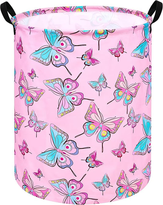 19.7 Inch Round Laundry Hamper Cute Butterfly Pattern Laundry Basket Fabric Storage Hamper Organization Bin, Toy Box,Gift Basket with Handles for Room