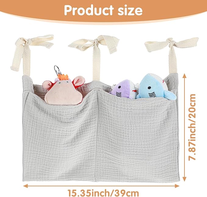 Cotton Baby Hanging Bedside Storage Bag Organizer with 2 Pockets, Baby Crib Accessories for Cribs, Toys, Diapers (Light Gray)