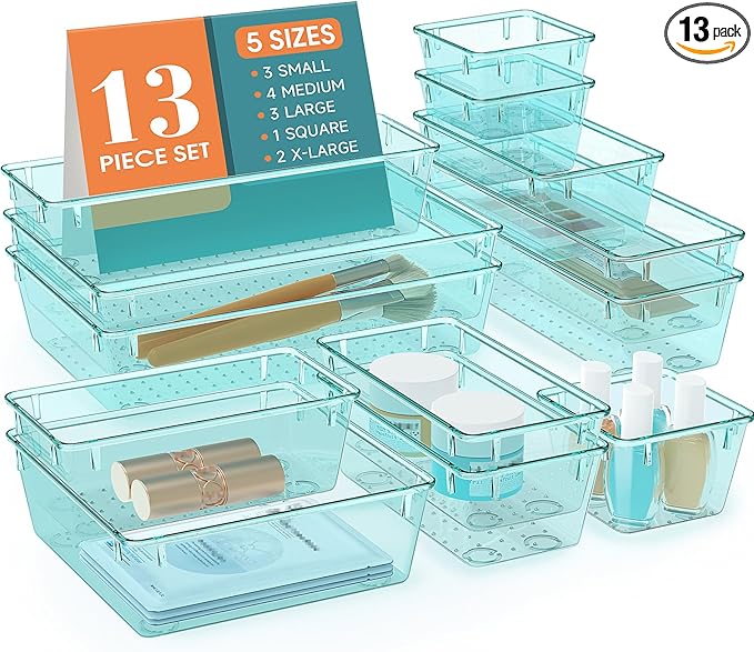 WOWBOX 13 PCS Plastic Drawer Organizer Set, 5 Sizes Desk Drawer Divider Organizers and Storage Bins for Makeup, Jewelry, Gadgets for Kitchen, Bedroom, Bathroom, Office