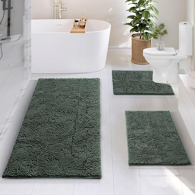 Hearth & Harbor Bathroom Rugs, Chenille Bath Mat - Machine Washable Bath Mats for Bathroom Non-Slip Backing Rubber, Quick Dry Mat - Hunter Green Bath Rug, 17x24-26x44-20x24