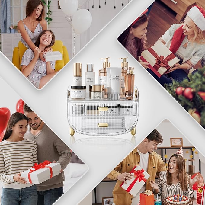 LAMU Makeup Organizer With 2 Drawers, Bathroom Storage With Four Non-Slip Feet And Dust-Proof, Simple And Stylish For Desktop, Vanity, Bathroom Countertops, Clear, Ideal Christmas Gifts for Girls