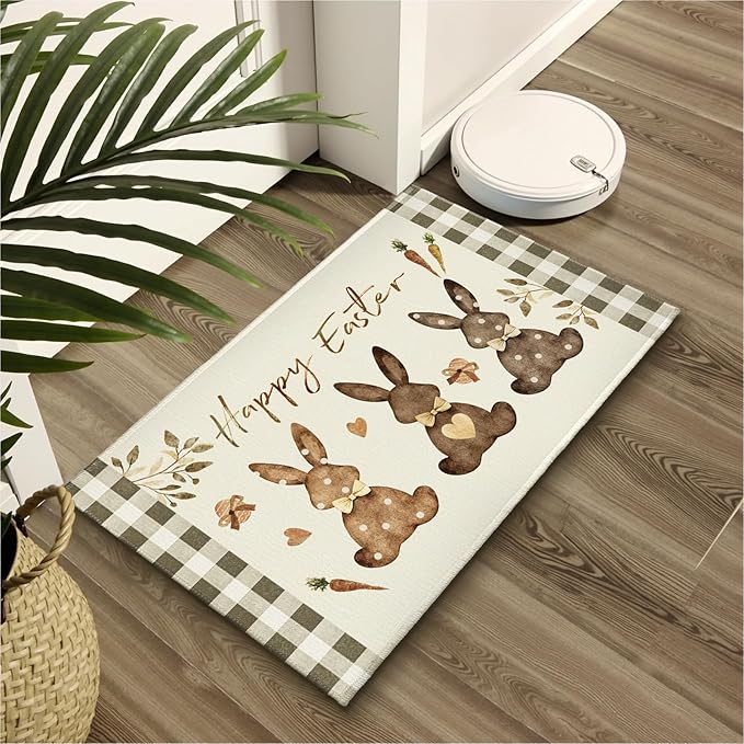 Happy Easter Bathroom Rug for Bathtub Brown Bunny Eggs Carrots Bathroom Mats Buffalo Plaid Decorative Non-Slip Absorbent Bath Rugs 32"x20" for Dooway Kitchen Sink Bedside Shower Room