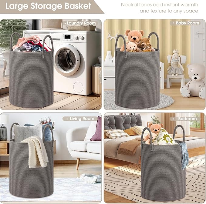 Large Woven Laundry Basket Hamper,60L Cotton Rope Storage Basket for Blankets in living room,Decorative Tall Nursery Hamper for Toys and Clothes,Baby Basket,Dark Grey