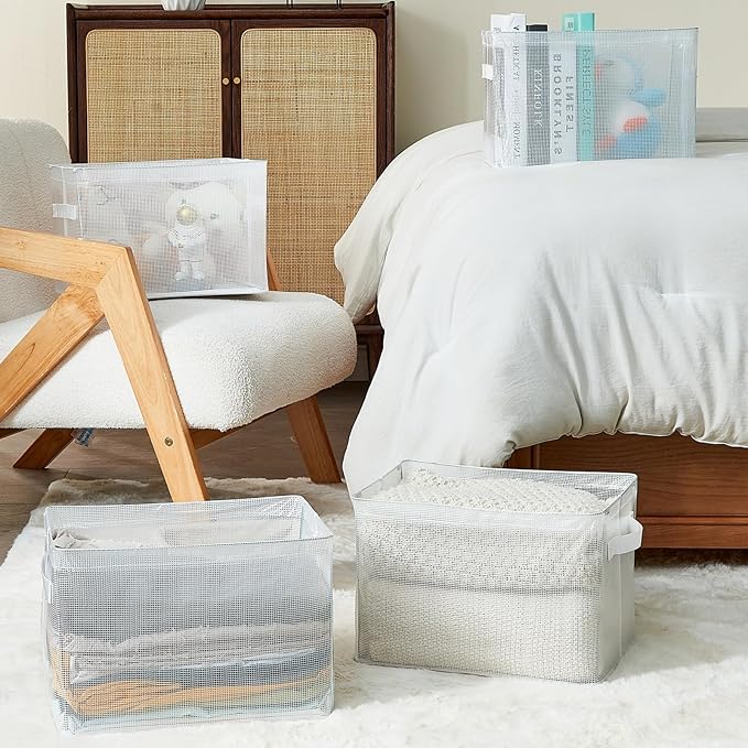 Clear Large Storage Baskets for Shelves, Collapsible Storage Bins with Handles for Clothes, Sheets, Books | Shelf Baskets for Home and Closet Organizer (Clear, 4 Pack)