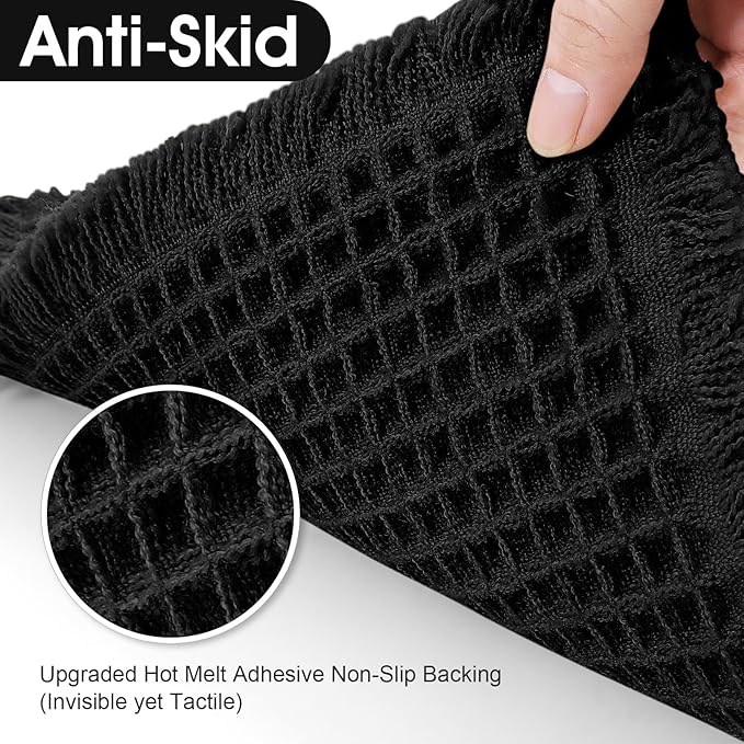 Accumtek Extra Large Waffle Bath Mat, 5'x2' Black, Super Absorbent Non-Slip Quick Dry Bathroom Rugs with Tassels, Machine Washable Ultra Soft Boho Bath Rugs for Floor, Toilet Mats Boho Farmhouse Decor