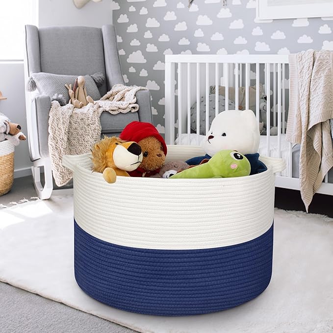 115L Super Large Blanket Basket, Kids Dog Toy Storage Bin Box, Oversized Baby Toy Organizer, Cotton Rope Woven Bin, XXXL Jumbo Basket for Blankets for Living Room, 23.6"x15.7", Dark Blue