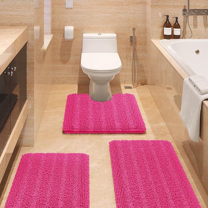 ACCUMTEK Christmas Striped Hot Pink Bathroom Rug Set 3 Pieces Ultra Soft, Non Slip Chenille Toilet Mat, Absorbent Plush Shaggy Bath Mats for Bathroom, Bedroom, Kitchen, Peach