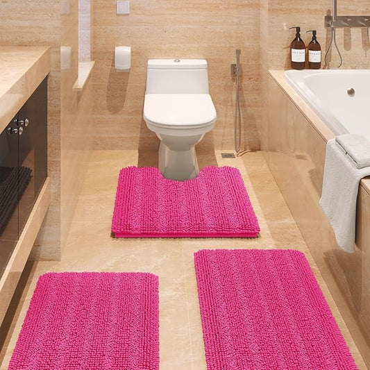 ACCUMTEK Christmas Striped Hot Pink Bathroom Rug Set 3 Pieces Ultra Soft, Non Slip Chenille Toilet Mat, Absorbent Plush Shaggy Bath Mats for Bathroom, Bedroom, Kitchen, Peach