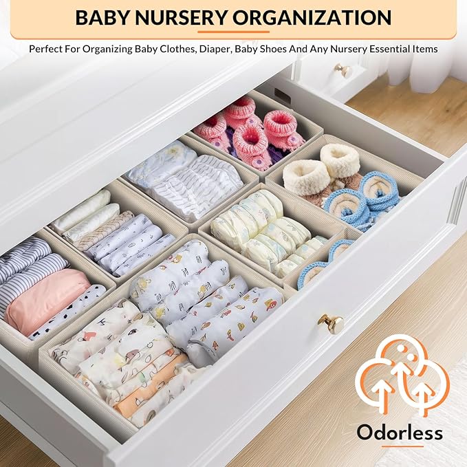 Drawer Organizer Clothes, 21 Pack Dresser Organizer for Baby Clothes, Underwear, Socks, 3 Sizes Foldable Closet Organization and Storage Bins for Nursery, Bedroom (Light Beige)