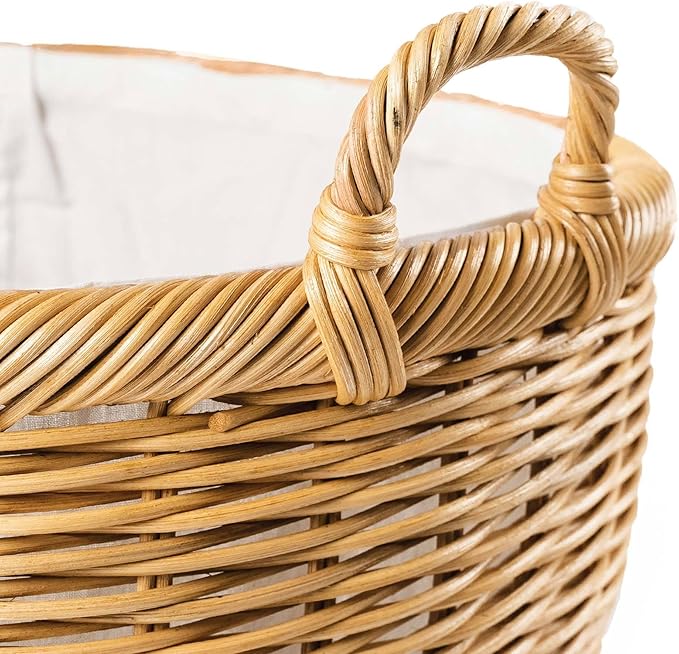 The Basket Lady Oval Wicker Laundry Basket, 25 in L x 19 in W x 14 in H (17 in overall H), Sandstone