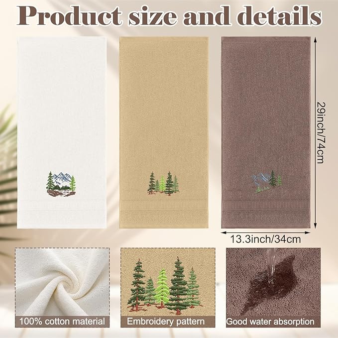 3 Pcs Mountain Hand Towels Farmhouse Decorative Bathroom Towels Set 13.3 x 29.5'' Rustic Pine Trees Country Cabin Lake House Forest Embroidered 100% Cotton for Home Bathroom Kitchen Decor